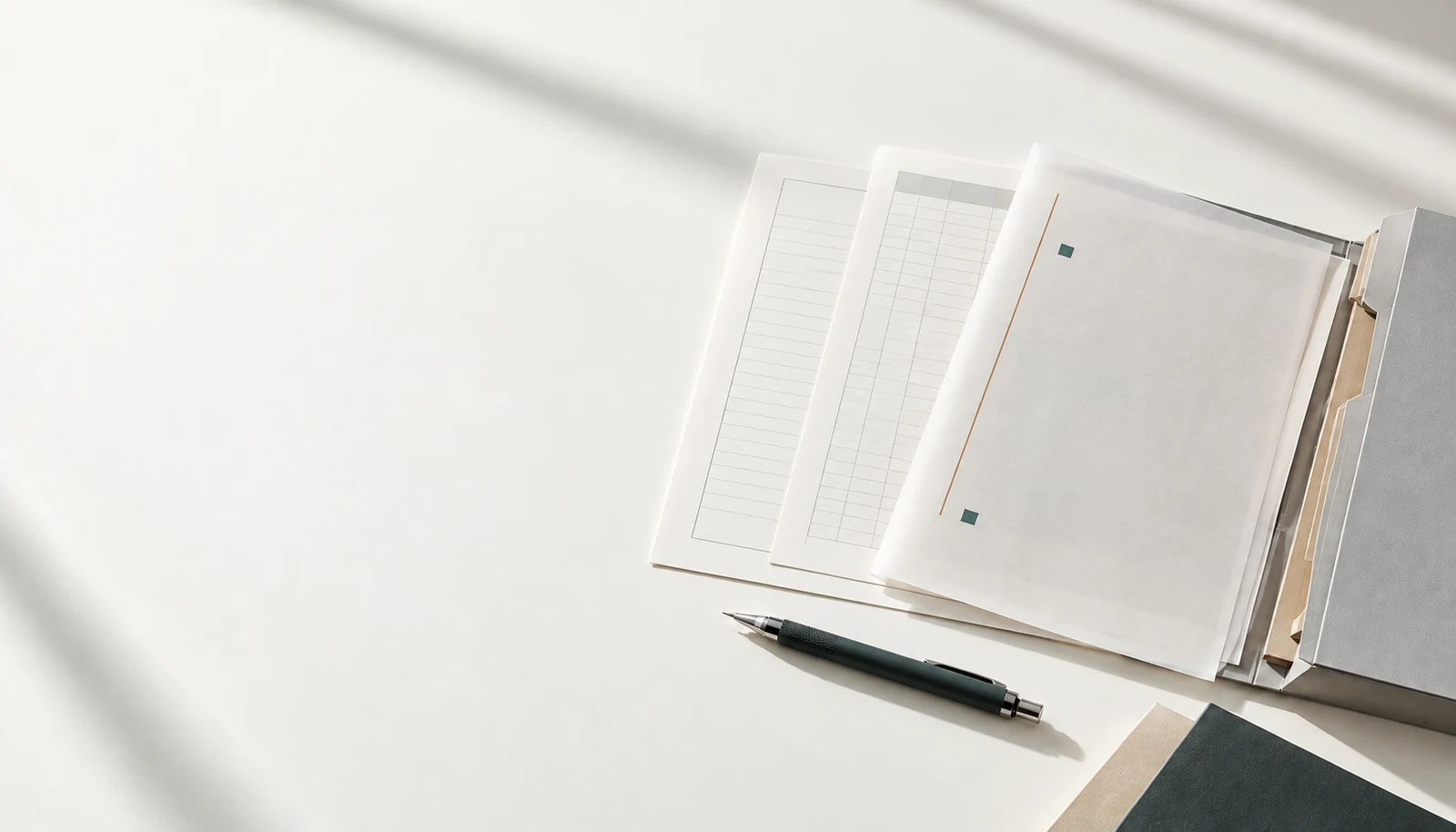 Illustrative blank evidence sheets, vellum and a pencil